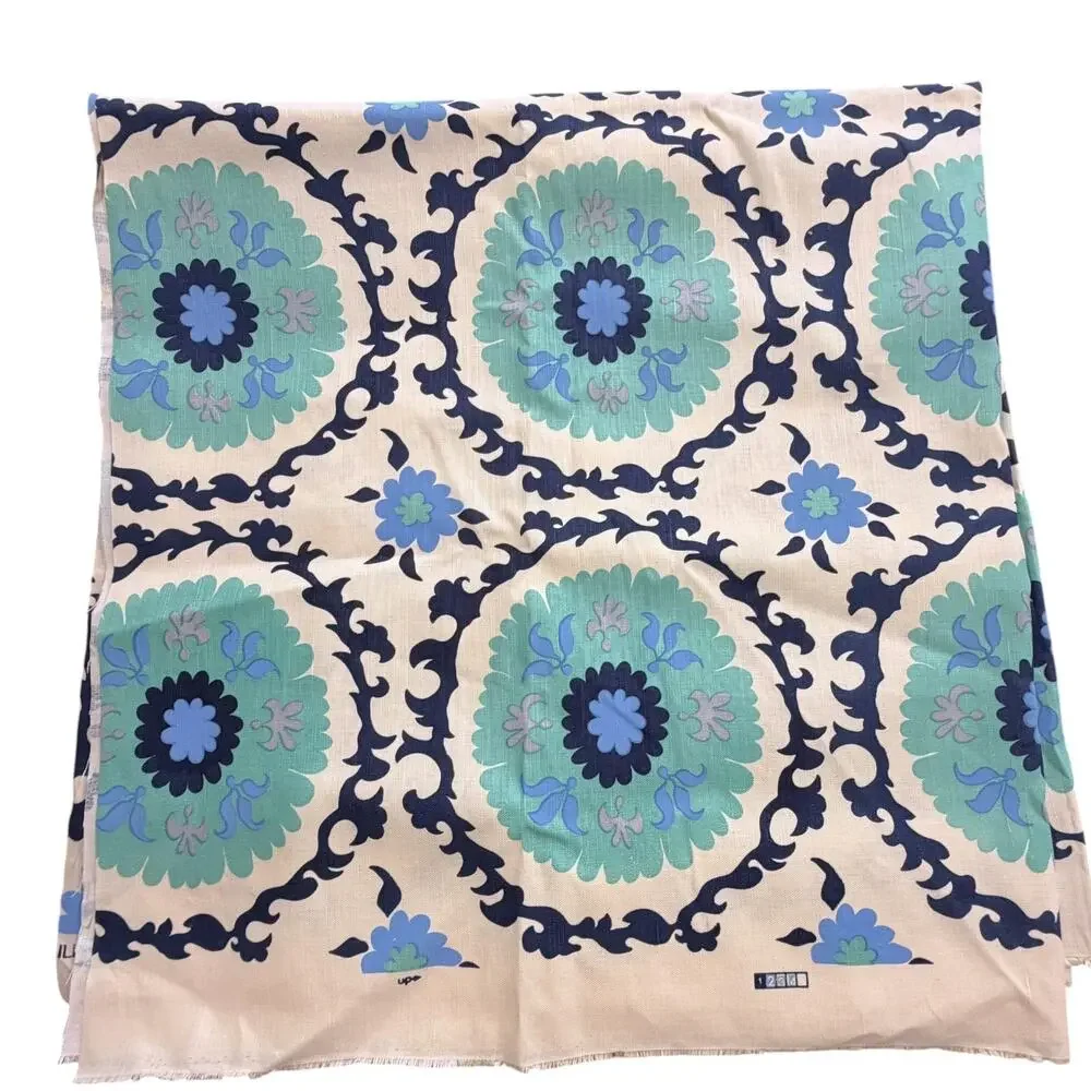Vtg Quadrille Suzani Medallion Fabric Remnant 3 1/8 Yd Teal Aqua Blue Off White